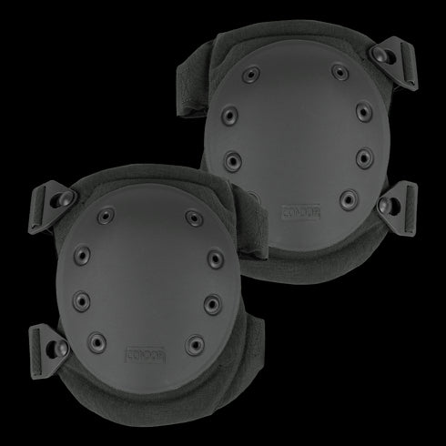 Condor Knee Pads 2 are black knee pads featuring hard plastic shells, ventilation holes, and adjustable straps for protection during physical activities.